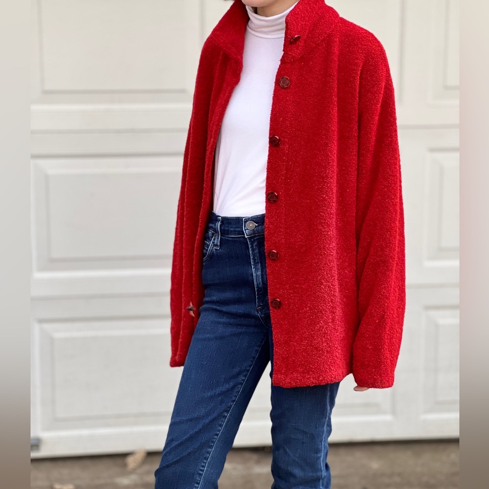 Women’s Coldwater Creek red wool button up cardigan size Large.